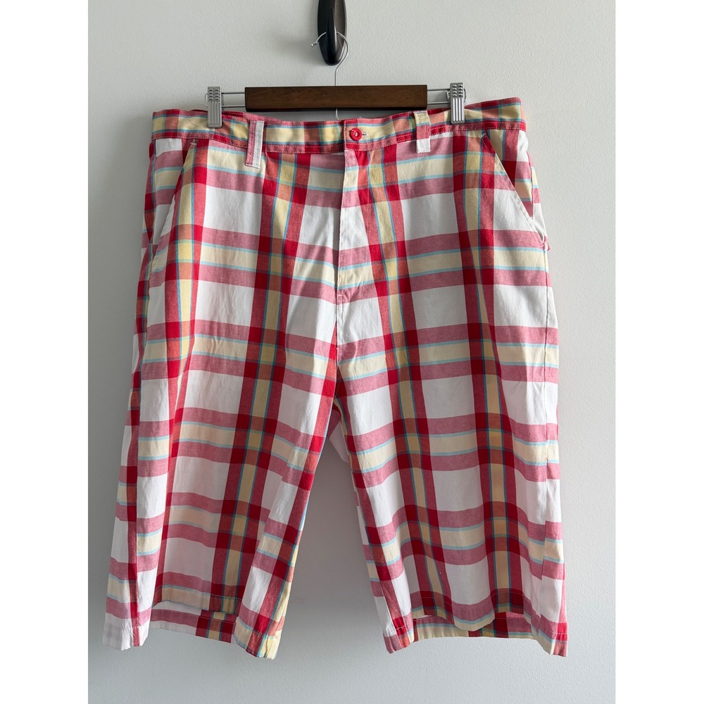 PJ Mark Mens Plaid Bermuda Shorts Red Pink White Preppy Shorts